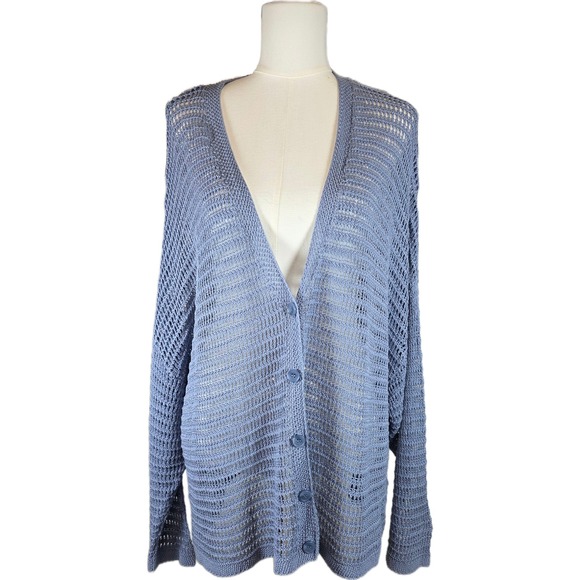 Max Studio London Sweaters - Max Studio London Size 3X Blue Lyocell Blend Open Crochet Button-Up Cardigan